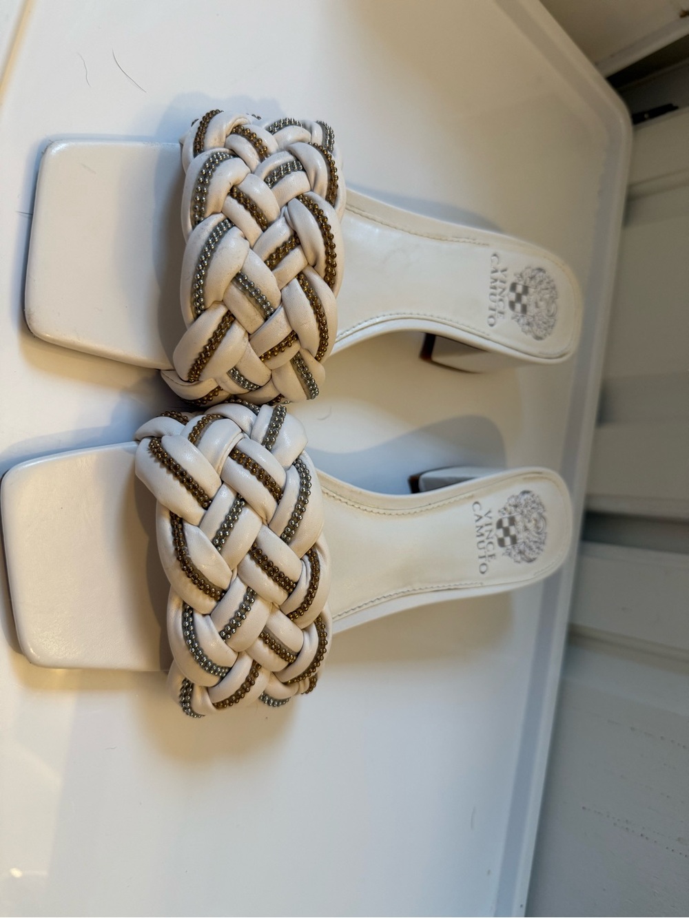 Vince Camuto White Braided Slide with Metallic Trim